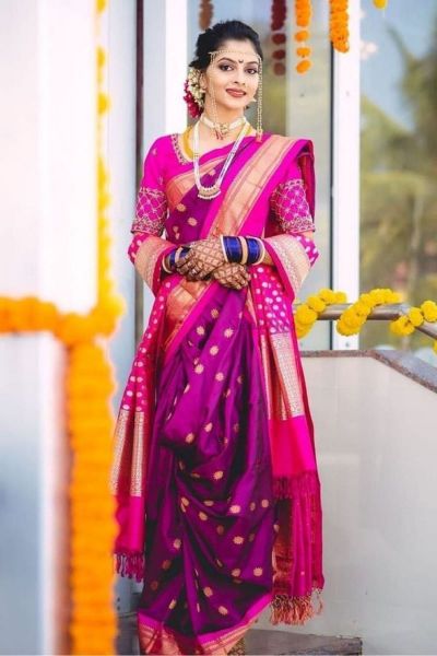 dressed in traditional Gowda Saraswat Brahmin Konkani bridal attire